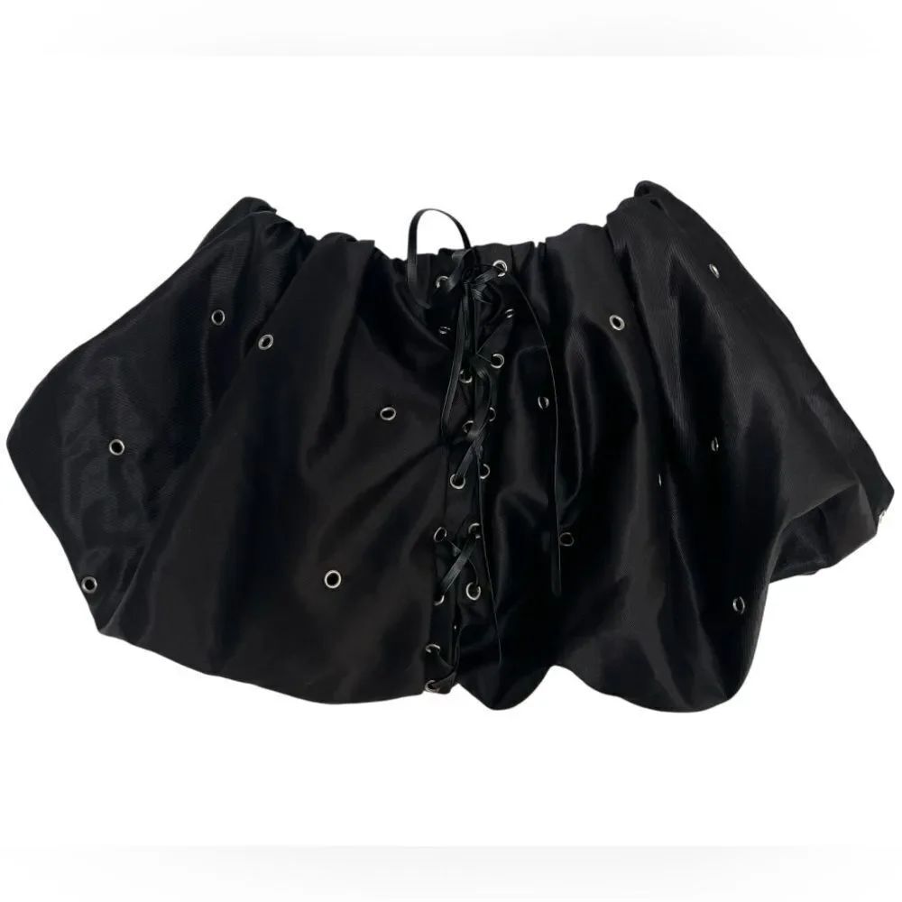 Black Satin Bubble Mini Skirt with Lace-Up Detail Size S